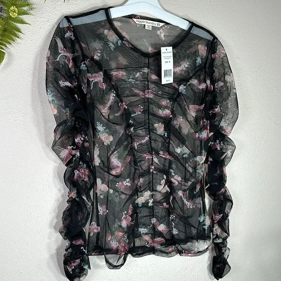 NWT Blouse Hippy Laundry black pink sheer ruched medium flamingo - Picture 3 of 8